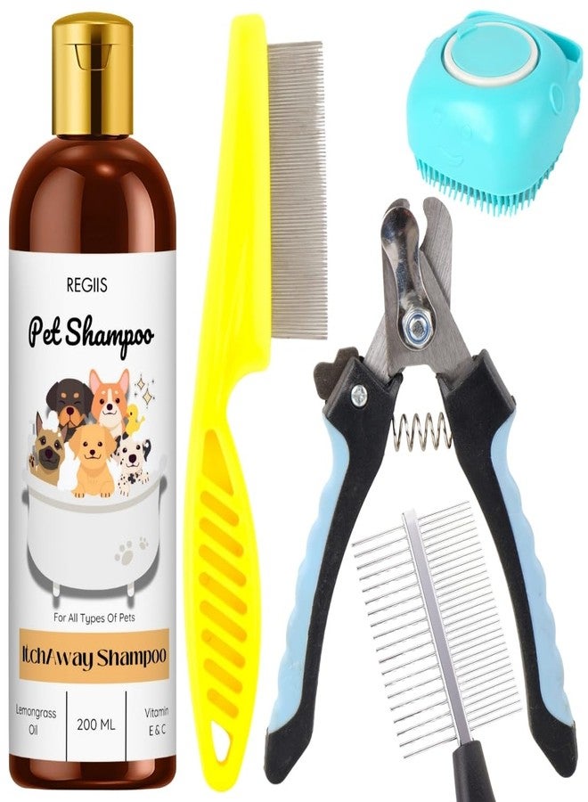 REGIIS Pet Grooming Kit, 5-Piece Set with Nail Clipper, Silicone Brush, Itch-Away Shampoo, 200 ml, Yellow and Black - Image 1